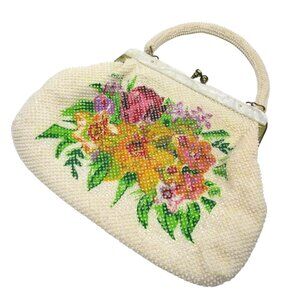 Vtg 1960s Mid Century Floral Beaded & Lucite Trim Handbag